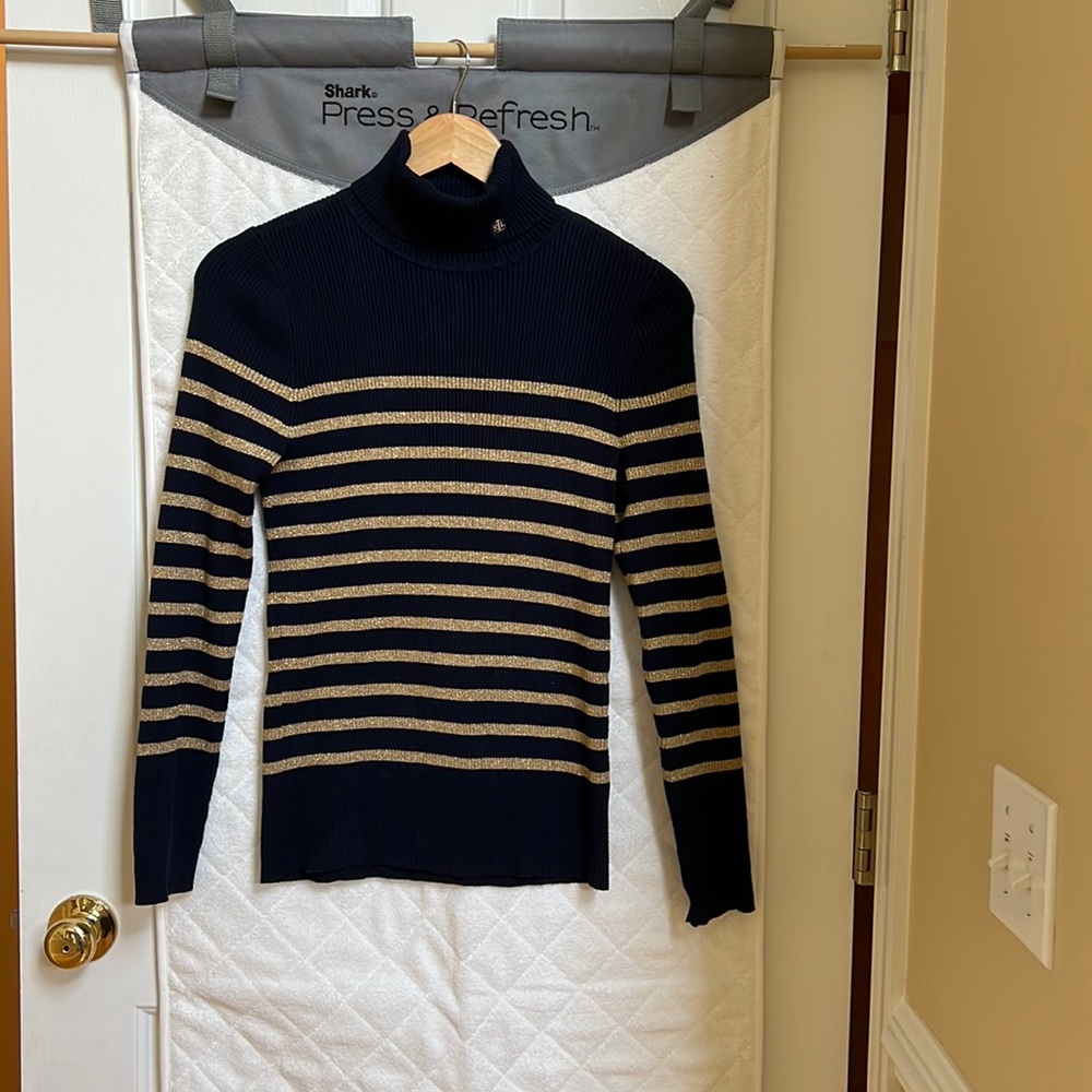 Lauren Ralph Lauren Striped Blue and Gold Turtle Neck Sweater, Size M